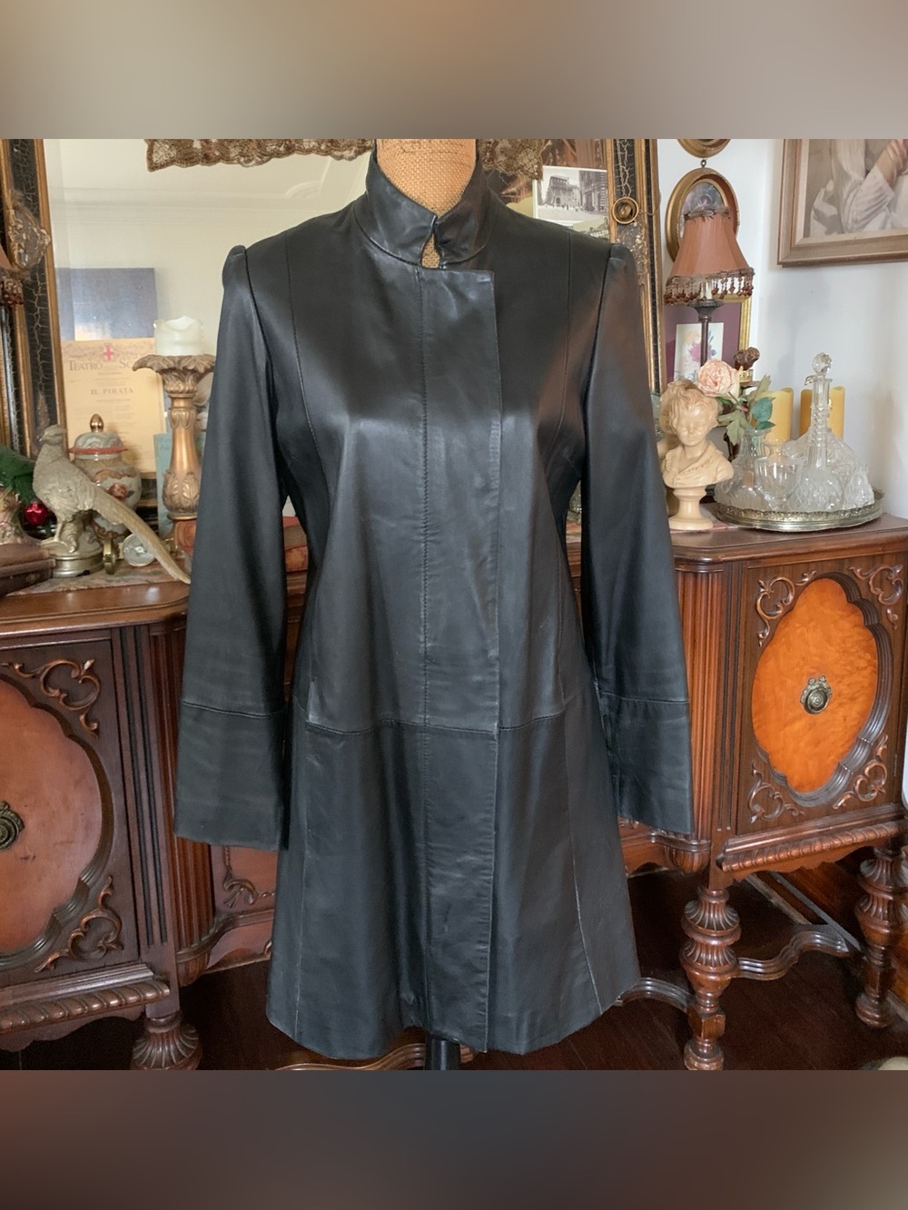 Vintage Gothic Matrix-inspo Knee Length Black Leather Trench Coat Style Jacket